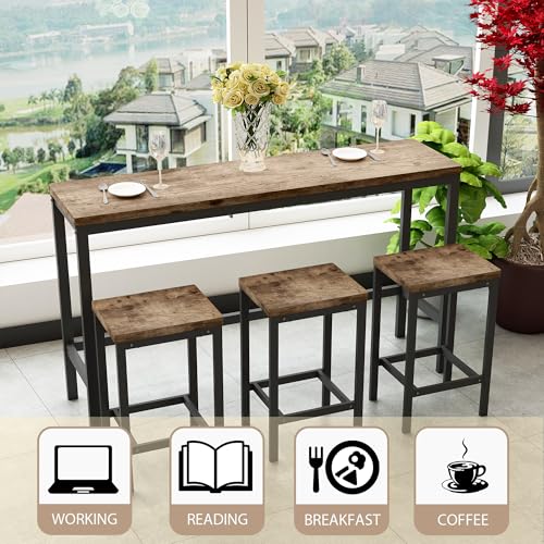 Modern Design 4-Piece Counter Height Extra Long Dining Table Set with 3 Stools and Side Table with Footrest,Space-Saving Pub Kitchen Set,Easy Assembly,Natural