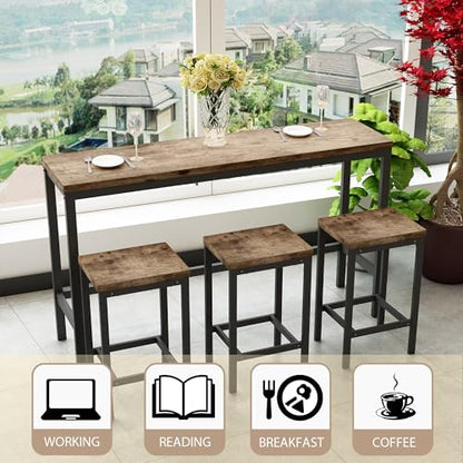 Modern Design 4-Piece Counter Height Extra Long Dining Table Set with 3 Stools and Side Table with Footrest,Space-Saving Pub Kitchen Set,Easy Assembly,Natural