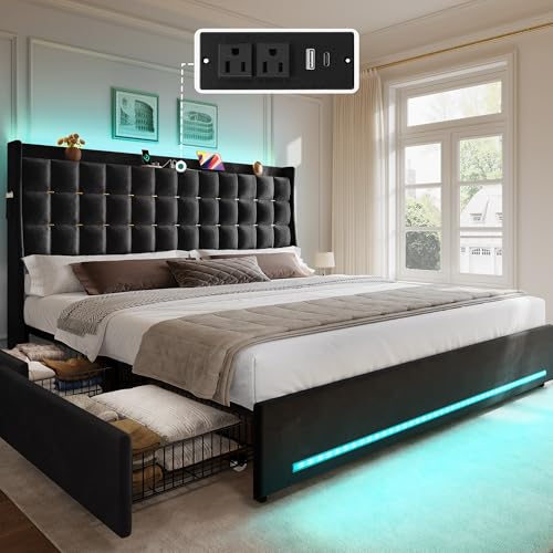 King Size Bed Frame, 4 Drawers and RGB LED Light,Charging Station, view 2