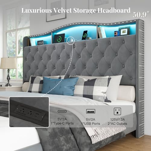 Platform Bed Frame with 50.9" LED Headboard, King Grey, view 4