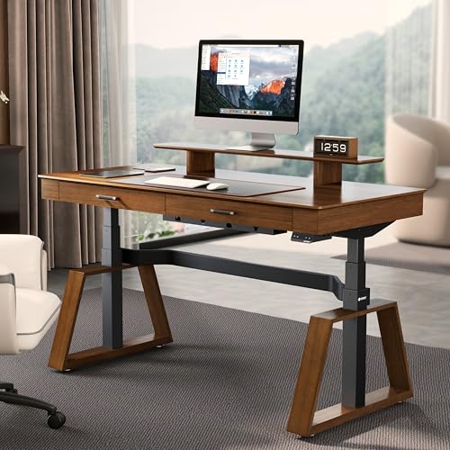 63" Standing Desk with Drawers, App Controlled Adjustable Desk, Executive Sit Stand Desk, Modern Home Office Computer Desk with Monitor Stand, Golden Walnut