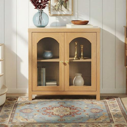 Sasha Modern Arched Glass Cabinet with Brass Hardware, 30 Inch, English Oak
