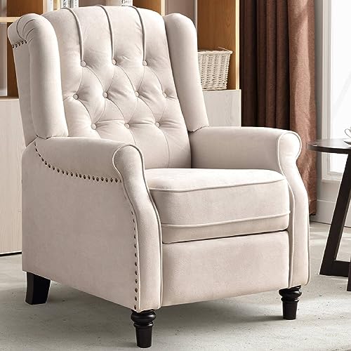 Push Back Recliner Chair,Accent Chair,Mid Century Wingback Recliner, Fabric Push Back Recliner Chair Single Armchair Sofa with Rivet Decoration, Button-Tufted Back for Living Room, White