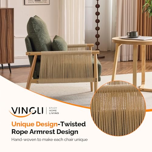 Boho Braid Accent Armchair,Mid-Century Modern Chiar with Solid Wooden Armrest,Comfy Louge Cushion Chair with Waist Pillow for Bedroom,Living Room,Reading Room, Dark Green