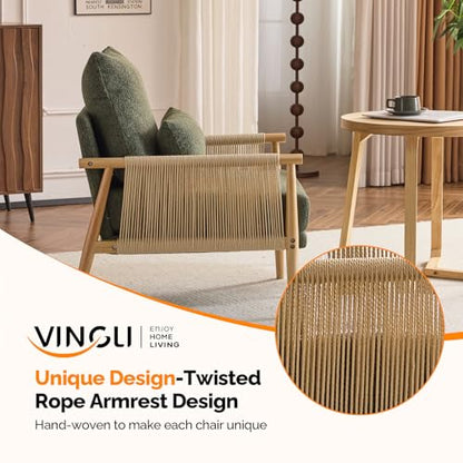 Boho Braid Accent Armchair,Mid-Century Modern Chiar with Solid Wooden Armrest,Comfy Louge Cushion Chair with Waist Pillow for Bedroom,Living Room,Reading Room, Dark Green