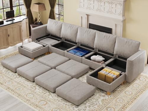 Faux Leather Sectional, Modular Sectional Sofa with Storage, Leather Couch U Shaped Couches for Living Room, Whitesand