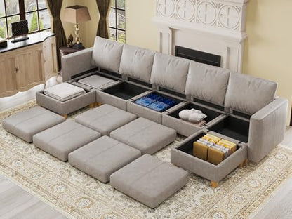 Faux Leather Sectional, Modular Sectional Sofa with Storage, Leather Couch U Shaped Couches for Living Room, Whitesand