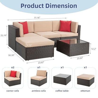 5 Piece Patio Furniture Sets, Outdoor Patio Set Sectional Sofa, All-Weather PE Rattan Outdoor Couch with Ottoman, Glass Table for Garden, Backyard, Porch, Beige