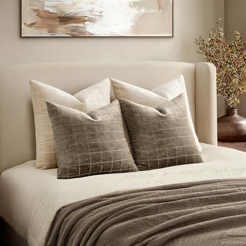 Taupe Grey Plaid Decorative Fall Throw Pillow Covers 20x20 Set of 2, view 8