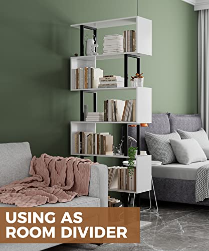 6 Tier Geometric Bookcase,S Shaped Bookshelf, Wood Decorative Storage Shelving, Modern Freestanding Display Shelves, Tall Book Shelf Unit for Living Room Bedroom, White