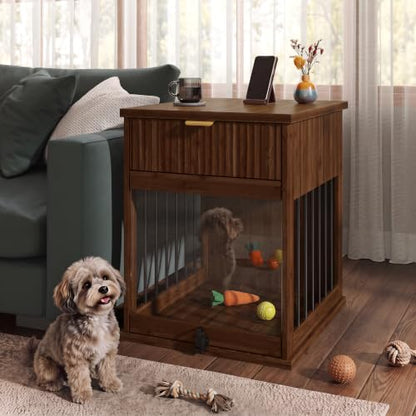 Wooden Dog Crate Furniture End Table with Drawer for Small Dogs (Brown), view 5