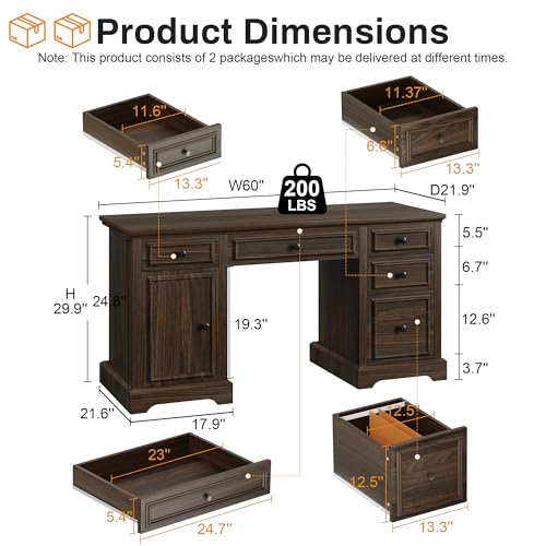60" Farmhouse Executive Office Desk with Drawers and File Cabinet, view 3