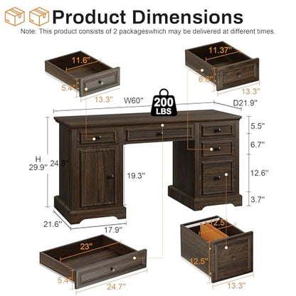 60" Farmhouse Executive Office Desk with Drawers and File Cabinet, view 3