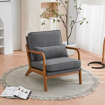 Accent Chair Mid-Century Modern Chair with Pillow Linen Fabric Upholstered Lounge Arm Chair with Solid Wood Frame & Soft Cushion for Living Room, Bedroom, Balcony, Gray