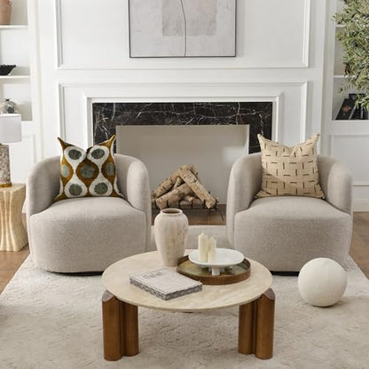 34" Wide Boucle Swivel Barrel Chairs Set of 2, No Assembly Round Upholstered Armchairs Accent Chairs Single Sofa Chair with Toss Pillow for Living Room and Bedroom, Taupe