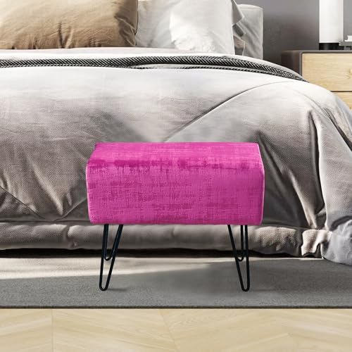Raspberry Rose Fuzzy Velvet Ottoman, 19" Rectangular Foot Rest Stool for Living Room, Small Space Entryway Bench Shoes for Bedroom End of Bed, Decorative Makeup Stool for Adults