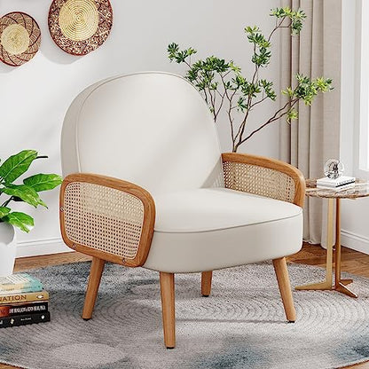 Mid Century Modern Accent Chair Armchair with Rattan Arms Upholstered Rattan Boho Accent Chair for Living Room Bedroom Balcony Faux Leather Reading Chairs Side Club Chair Beige
