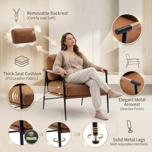 Mid-Century Accent Chair, Soft Armchair PU Leather Lounge Chair with Black Metal Legs, Upholstered Leisure Chair for Living Room Bedroom Reception Room, 1PC, Brown