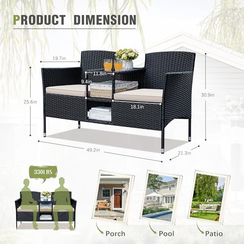 Patio Loveseat Outdoor Wicker Furniture Conversation Set with Soft Cushions & Built-in Coffee Table for Lawn Garden Backyard, Beige