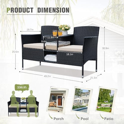 Patio Loveseat Outdoor Wicker Furniture Conversation Set with Soft Cushions & Built-in Coffee Table for Lawn Garden Backyard, Beige