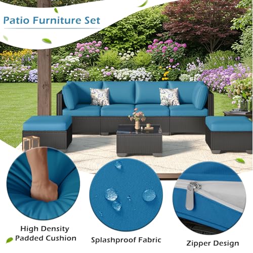 7 Piece Outdoor Patio Furniture Set, PE Rattan Outdoor Wicker Sectional Furniture Chair Set with Cushions and Tea Table, Black Rattan and Peacock Blue Cushion