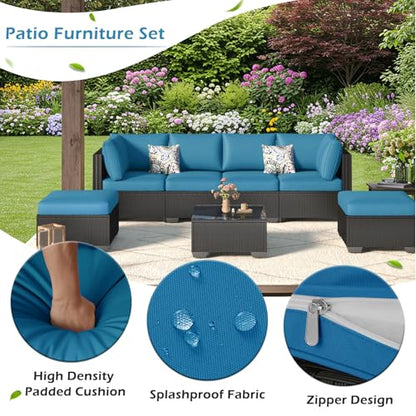 7 Piece Outdoor Patio Furniture Set, PE Rattan Outdoor Wicker Sectional Furniture Chair Set with Cushions and Tea Table, Black Rattan and Peacock Blue Cushion