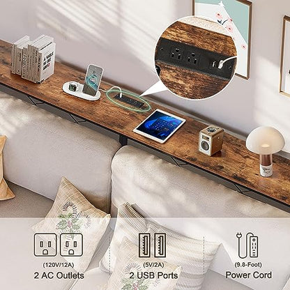 71In Extra Long Narrow Sofa/Console Table with Charging Station & Power Outlet and USB Ports, for Entryway, Living Room, Office, Industrial, Rustic Brown