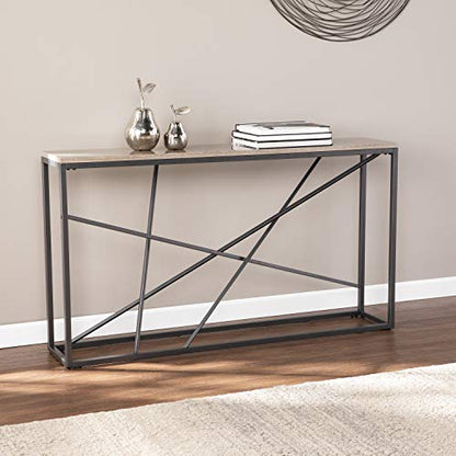 Arendal Faux Stone Skinny Console Table, Dining Room With Open Concept Living Space Modern Style Powder-Coated Iron, Gray