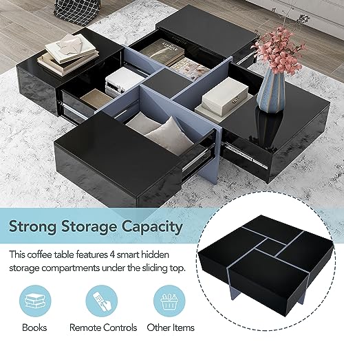 ON-TREND Unique Design Coffee Table with 4 Hidden Storage Compartments, Square Cocktail Table with Extendable Sliding Tabletop, UV High-gloss Design Center Table for Living Room, 31.5"x 31.5"