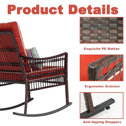 Outdoor Rocking Chairs 3 Pieces Patio Conversation Front Porch Furniture, Wicker Rocking Chairs Bistro Set with Coffee Table and Cushions for Garden and Balcony, Orange