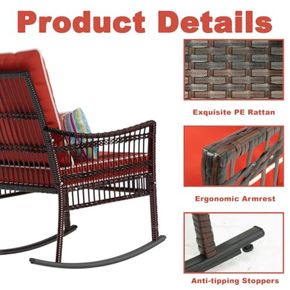 Outdoor Rocking Chairs 3 Pieces Patio Conversation Front Porch Furniture, Wicker Rocking Chairs Bistro Set with Coffee Table and Cushions for Garden and Balcony, Orange