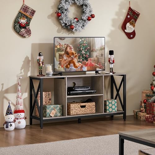 Yaheetech Industrial TV Stand for 55 Inch TV, Entertainment Center Media Console Table with Open Storage for Living Room, Wood Modern Furniture, Gray