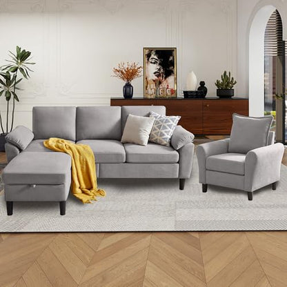 79" Convertible Sectional Sofa Set, Modern Linen Small L Shaped Couch with Reversible Ottoman and Accent Chair, 3-Seat Sofa Couches for Living Room, Office, Apartment, Light Grey
