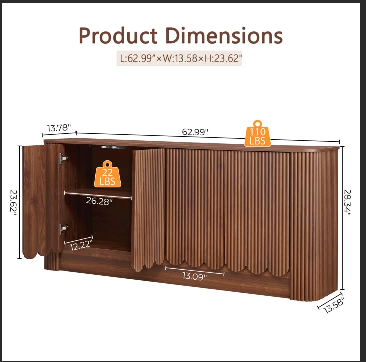 63" Fluted Sideboard Cabinet, Modern Buffet Cabinet with Storage, Walnut, view 3