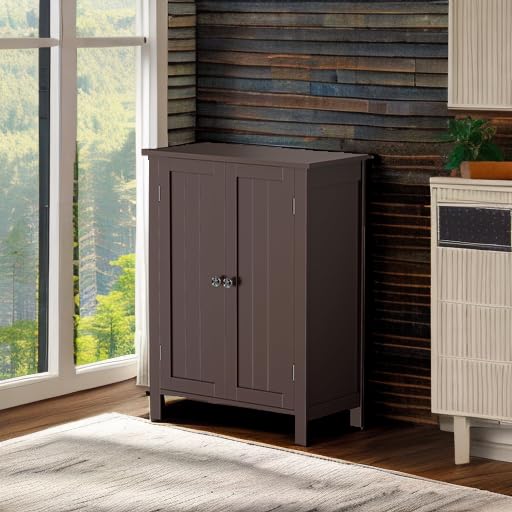 Modern Bathroom Floor Storage Cabinet with Adjustable Shelf and Double Door Rust Proof, Living Room Modern Home Furniture Storage Organizer Cabinet, Brown