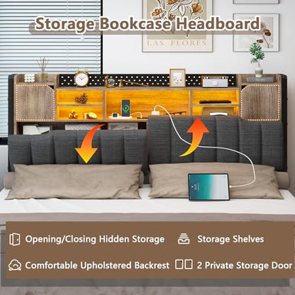 King Size Bed Frame and Bookcase Headboard & Storage Drawers, LED, view 6