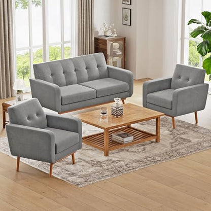 Living Room Set, Button Tufted Living Room Furniture Sets, Upholstered Modern Couch Set with Solid Frame, Sofa Set for Living Room (Dark Grey, 3 Piece Set-1*loveseat+2*Chair)