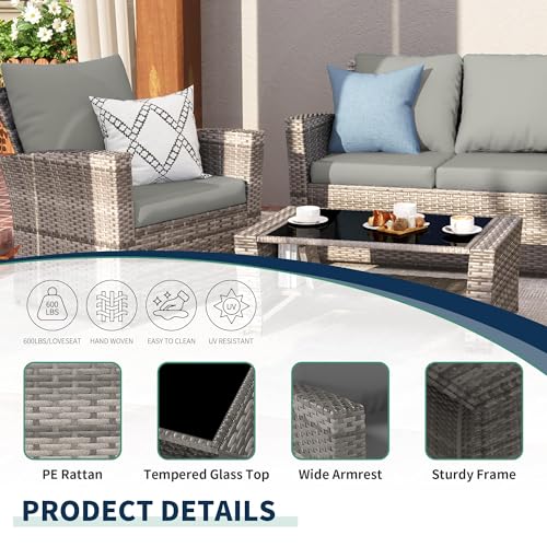 4-Piece Grey Waterproof PE Wicker Outdoor Sectional Sofa Set with Grey Cushions,All-Weather Patio Furniture for Balcony, Porch, Garden - UV-Resistant & Space-Saving Design