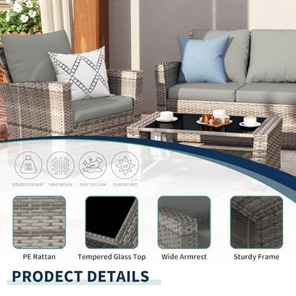 4-Piece Grey Waterproof PE Wicker Outdoor Sectional Sofa Set with Grey Cushions,All-Weather Patio Furniture for Balcony, Porch, Garden - UV-Resistant & Space-Saving Design