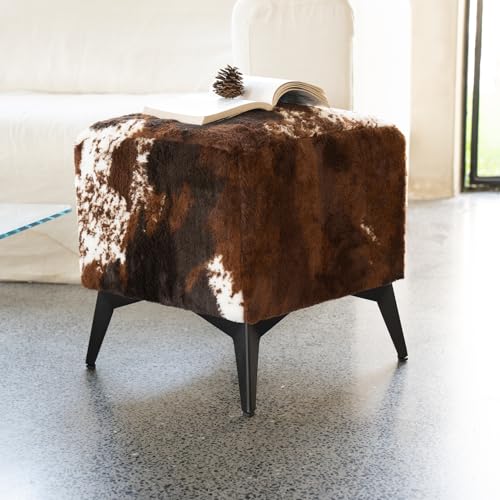 Faux Cowhide Ottoman, Upholstered Foot Stool - 16 x 16 x 17 Inches, Cube Footrest with Solid Metal Legs for Living Room, Bedroom & Entryway(Tricolor)