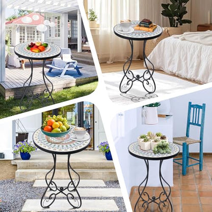 Mosaic Outdoor Side Table, Round Rustproof Patio Tables with 14" Ceramic Tile Top, Indoor Porch Accent Table for Yard, Garden, Living Room, Bistro Balcony, Green