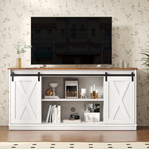 Farmhouse TV Stand for 65 Inch TV, Sliding Barn Doors, Media Console, view 4