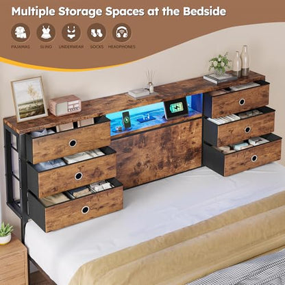 King Size Bed Frame with 9 Drawers and Charging Station, Brown, view 4