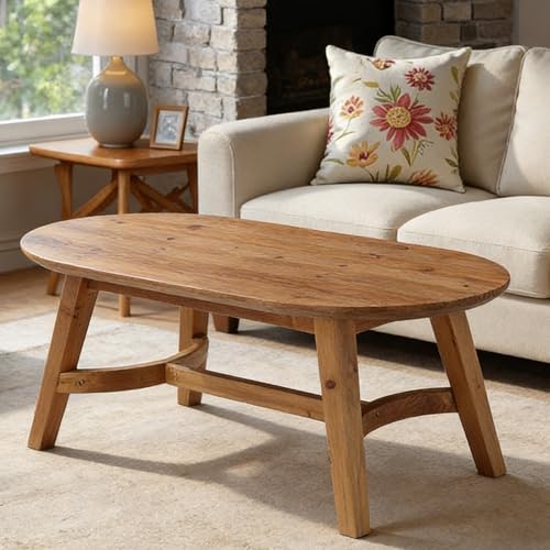 Oval Coffee Table, 47" Real Wood Living Room Table, Natural Pine Solid Wood Coffee Table, Modern Center Accent Furniture, Child-Friendly,Rustic Brown