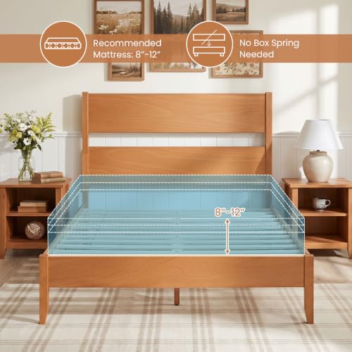 Full Size Wooden Bed Frame with Slatted Headboard (Warm Brown), view 8
