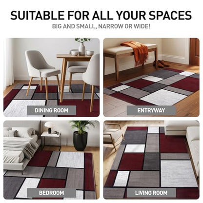 Modern Geometric Boxes Red Area Rug, Non-Shedding Carpet for Living Room, Bedroom, or Dining Room, 5'3" x 7'3"