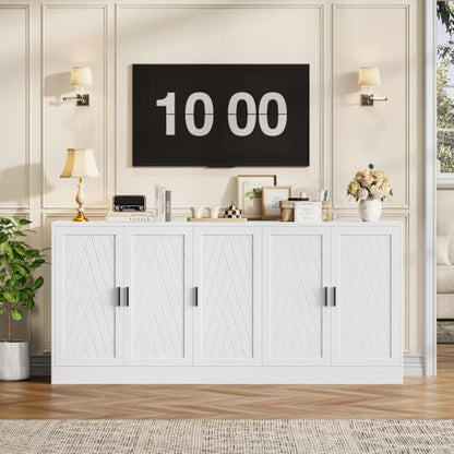 71" White Buffet Cabinet, 5 Chevron Door Modern Farmhouse Coffee Bar, view 8
