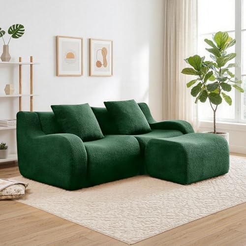 81.7” Sectional Boneless Sofa Couches, 2 Seater L-Shaped, Streamlined Design, No Assembly Modular Teddy Fabric Sofa for Living Room, Bedroom, Apartment, Home Office (Green)