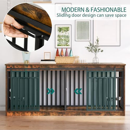 71" Double Dog Crate Furniture with 4 Dog Bowls, view 7
