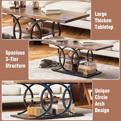 Rustic Coffee Table with Storage Industrial 3 Tier Center Living Room Table Farmhouse Wooden Rectangle Cocktail Tea Table for Office Bedroom Elegant Full Moon Round Metal Frame (Brown, L-47)